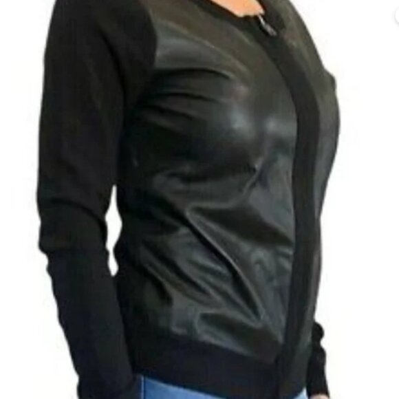 DKNY Black Leather and Knit Jacket L EUC - Picture 3 of 7